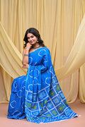 Women's Aqua Blue Gola Circular Motif Pure Cotton Mulmul Saree