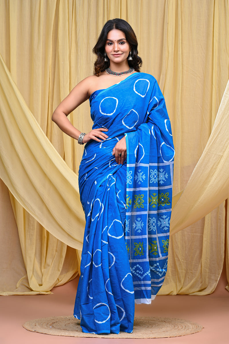 Women's Aqua Blue Gola Circular Motif Pure Cotton Mulmul Saree - Side / Back View