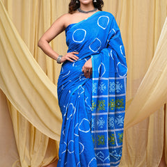 Women's Aqua Blue Gola Circular Motif Pure Cotton Mulmul Saree - Side / Back View