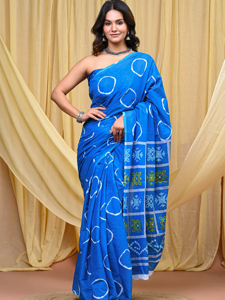 Women's Aqua Blue Gola Circular Motif Pure Cotton Mulmul Saree - Side / Back View