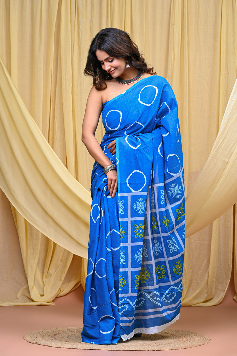 Women's Aqua Blue Gola Circular Motif Pure Cotton Mulmul Saree - Drape View