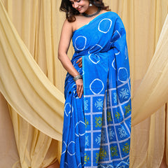 Women's Aqua Blue Gola Circular Motif Pure Cotton Mulmul Saree - Drape View