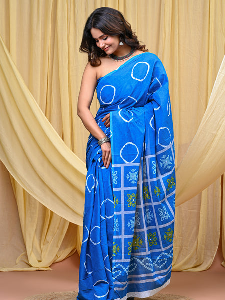 Women's Aqua Blue Gola Circular Motif Pure Cotton Mulmul Saree - Drape View