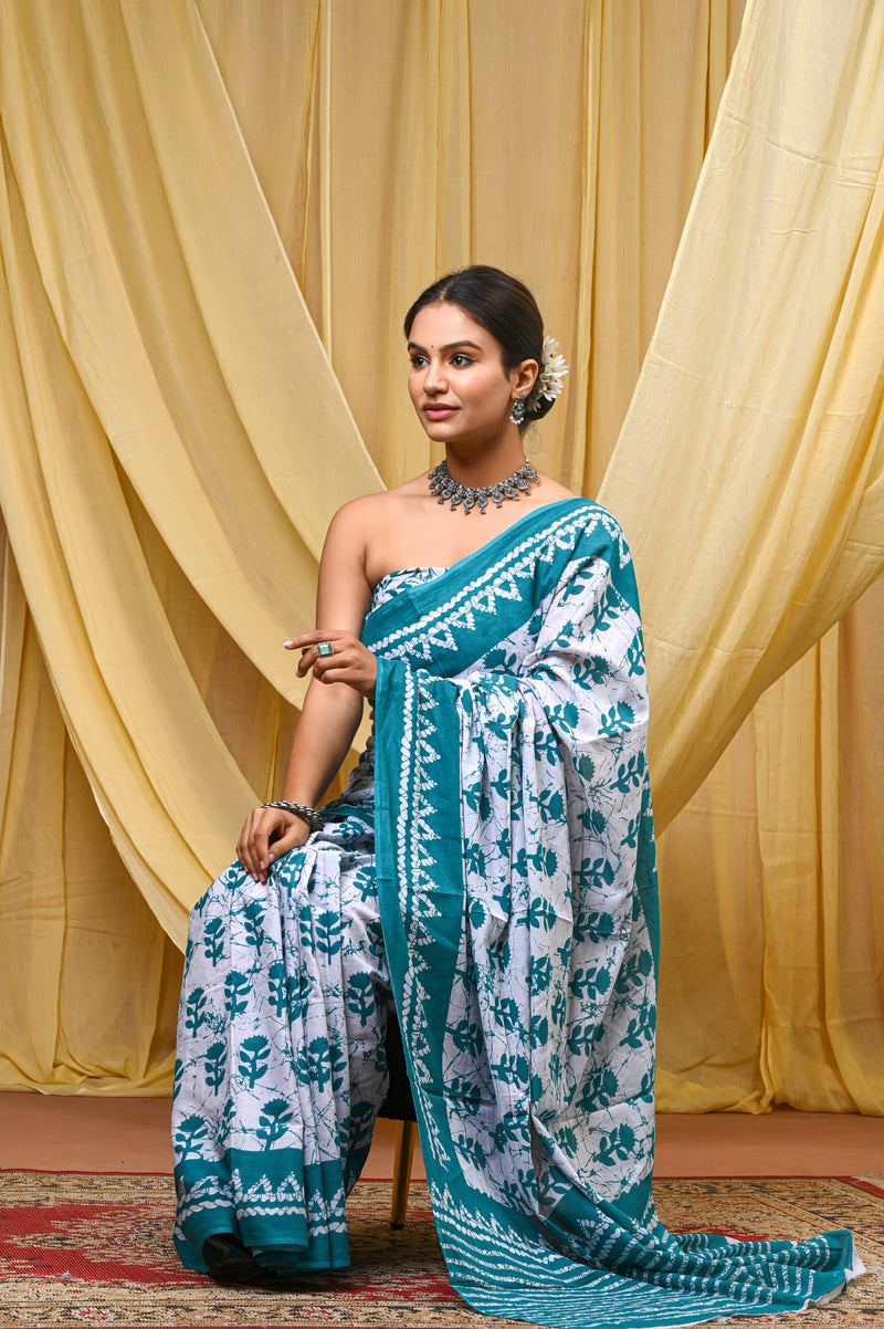 Women's Aqua Blue Traditional Booti Pure Cotton Mulmul Saree - Front View