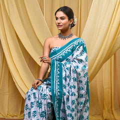 Women's Aqua Blue Traditional Booti Pure Cotton Mulmul Saree - Front View