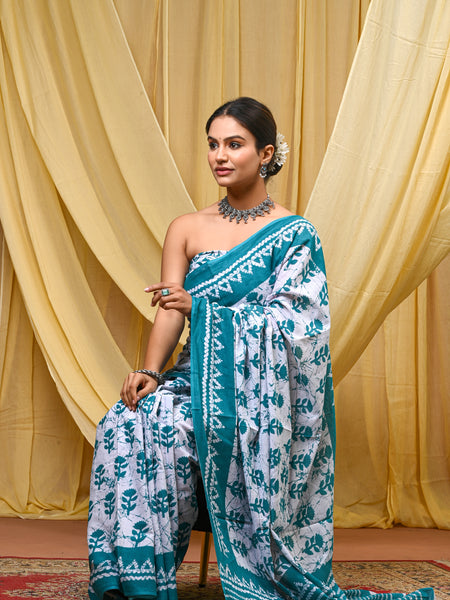 Women's Aqua Blue Traditional Booti Pure Cotton Mulmul Saree - Front View