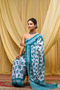 Women's Aqua Blue Traditional Booti Pure Cotton Mulmul Saree