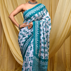 Women's Aqua Blue Traditional Booti Pure Cotton Mulmul Saree - Side / Back View