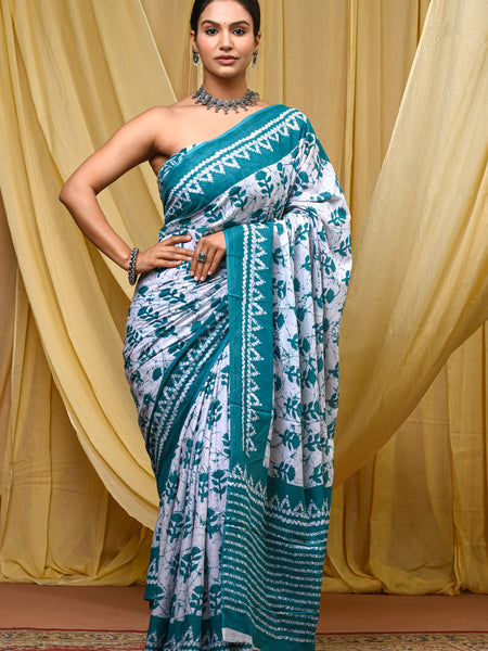 Women's Aqua Blue Traditional Booti Pure Cotton Mulmul Saree - Side / Back View