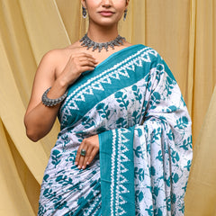 Women's Aqua Blue Traditional Booti Pure Cotton Mulmul Saree - Detail View