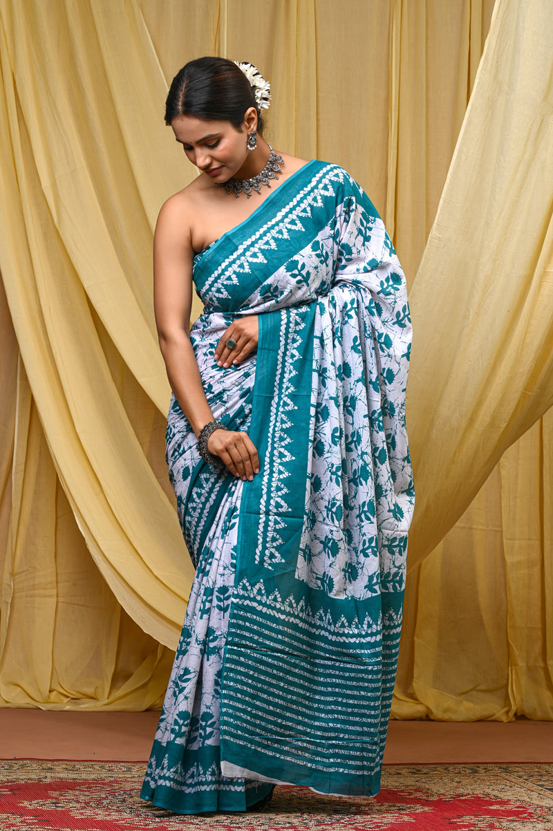 Women's Aqua Blue Traditional Booti Pure Cotton Mulmul Saree - Drape View