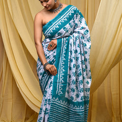 Women's Aqua Blue Traditional Booti Pure Cotton Mulmul Saree - Drape View