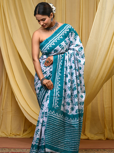 Women's Aqua Blue Traditional Booti Pure Cotton Mulmul Saree - Drape View