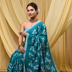 Women's Aqua Blue Khajur Pattern Pure Cotton Mulmul Saree - Front View