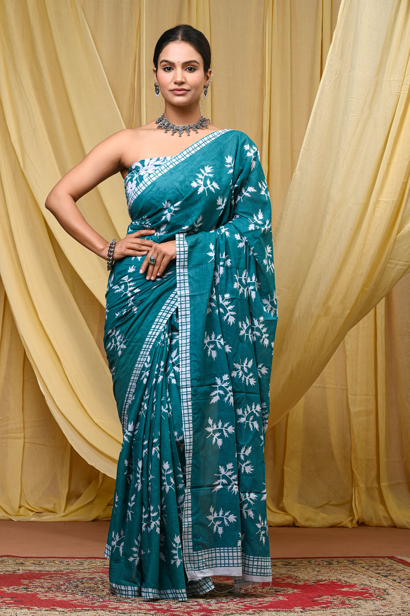Women's Aqua Blue Khajur Pattern Pure Cotton Mulmul Saree - Side / Back View