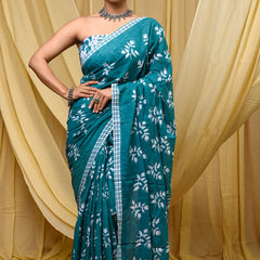 Women's Aqua Blue Khajur Pattern Pure Cotton Mulmul Saree - Side / Back View