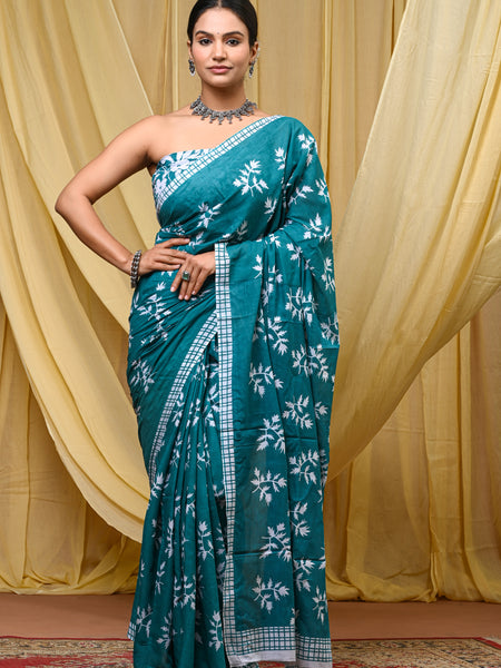 Women's Aqua Blue Khajur Pattern Pure Cotton Mulmul Saree - Side / Back View