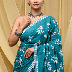 Women's Aqua Blue Khajur Pattern Pure Cotton Mulmul Saree - Detail View
