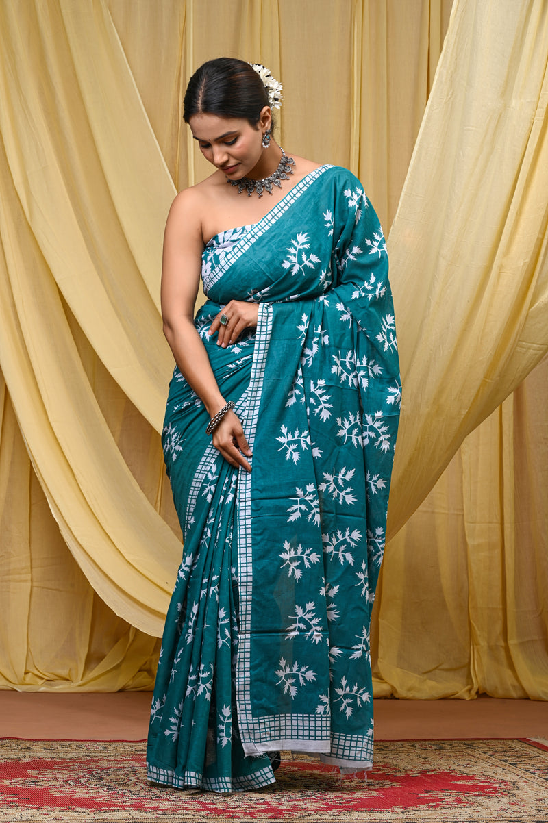 Women's Aqua Blue Khajur Pattern Pure Cotton Mulmul Saree - Drape View