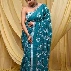 Women's Aqua Blue Khajur Pattern Pure Cotton Mulmul Saree - Drape View