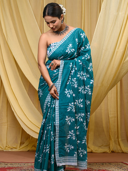 Women's Aqua Blue Khajur Pattern Pure Cotton Mulmul Saree - Drape View