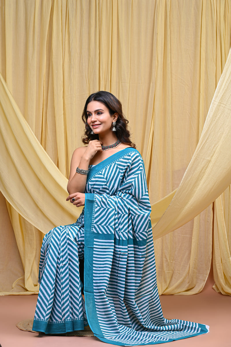 Women's Aqua Blue Leheriya Wave Pure Cotton Mulmul Saree - Front View