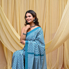 Women's Aqua Blue Leheriya Wave Pure Cotton Mulmul Saree - Front View
