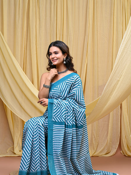 Women's Aqua Blue Leheriya Wave Pure Cotton Mulmul Saree - Front View