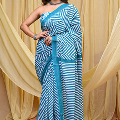 Women's Aqua Blue Leheriya Wave Pure Cotton Mulmul Saree - Side / Back View
