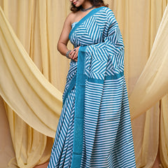 Women's Aqua Blue Leheriya Wave Pure Cotton Mulmul Saree - Drape View