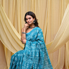 Women's Aqua Blue Bold Patta Border Pure Cotton Mulmul Saree - Front View