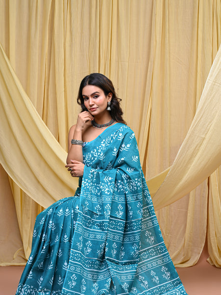 Women's Aqua Blue Bold Patta Border Pure Cotton Mulmul Saree - Front View