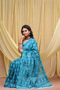 Women's Aqua Blue Bold Patta Border Pure Cotton Mulmul Saree