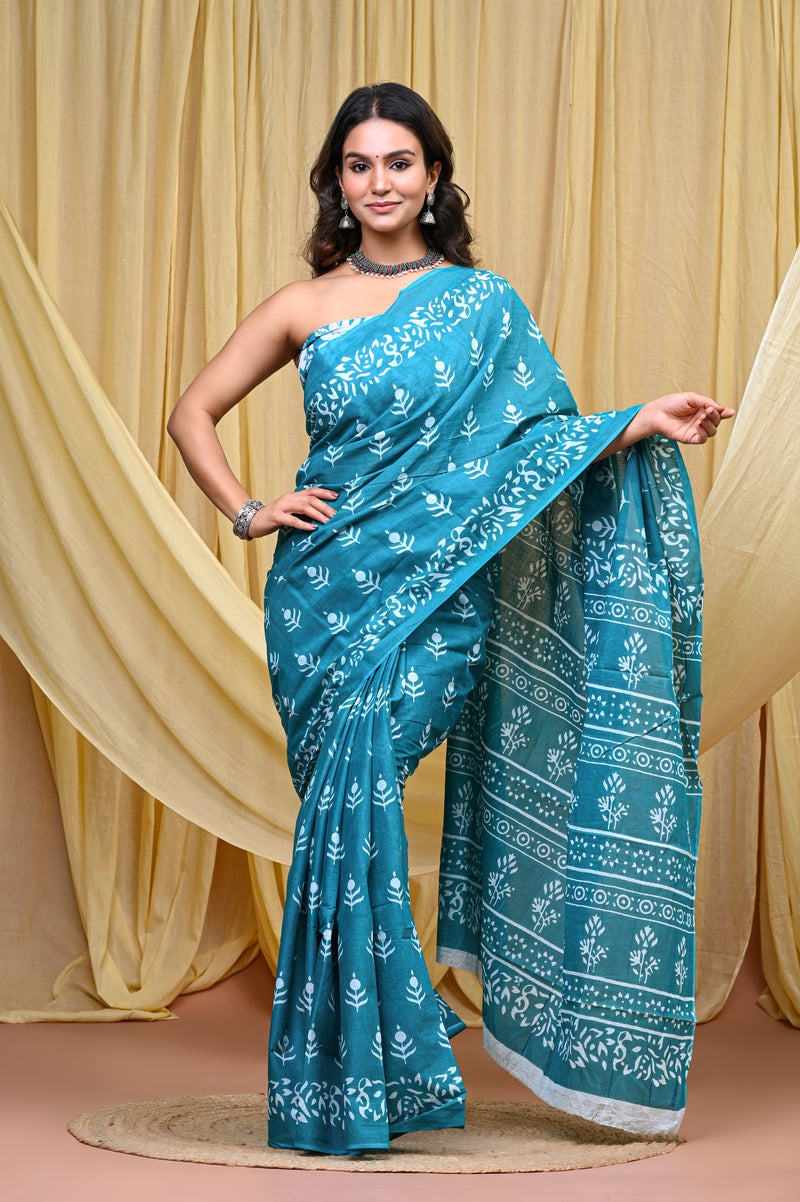 Women's Aqua Blue Bold Patta Border Pure Cotton Mulmul Saree - Side / Back View