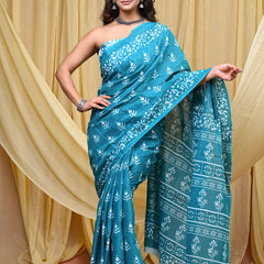 Women's Aqua Blue Bold Patta Border Pure Cotton Mulmul Saree - Side / Back View