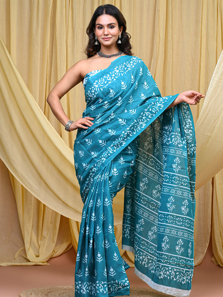Women's Aqua Blue Bold Patta Border Pure Cotton Mulmul Saree - Side / Back View