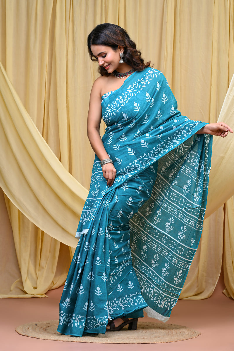 Women's Aqua Blue Bold Patta Border Pure Cotton Mulmul Saree - Drape View