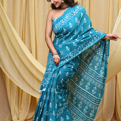 Women's Aqua Blue Bold Patta Border Pure Cotton Mulmul Saree - Drape View