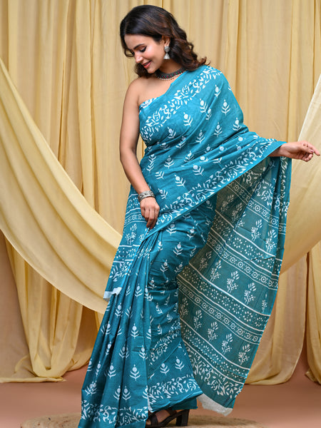 Women's Aqua Blue Bold Patta Border Pure Cotton Mulmul Saree - Drape View