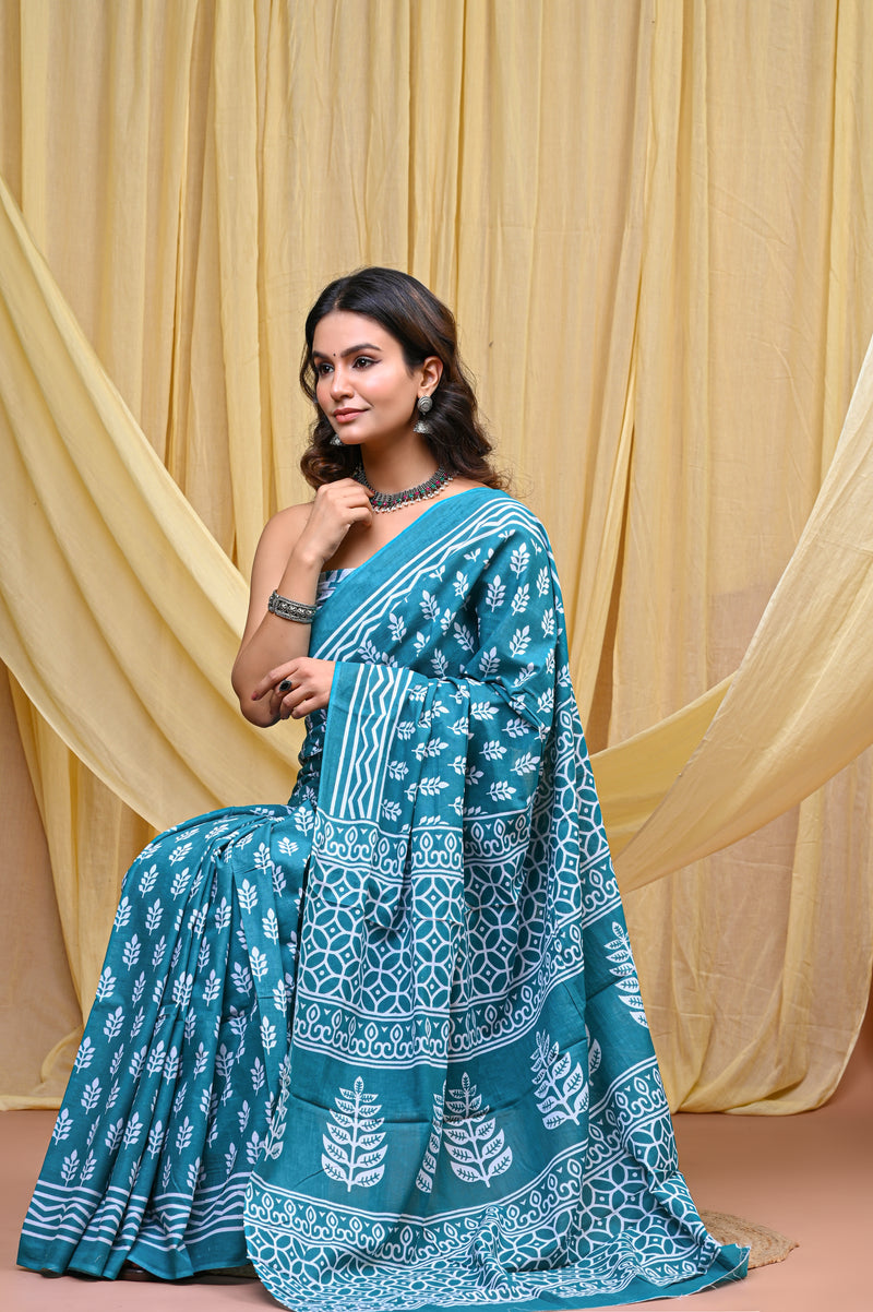 Women's Aqua Blue Patti Stripe Pure Cotton Mulmul Saree - Front View