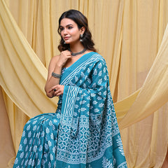Women's Aqua Blue Patti Stripe Pure Cotton Mulmul Saree - Front View