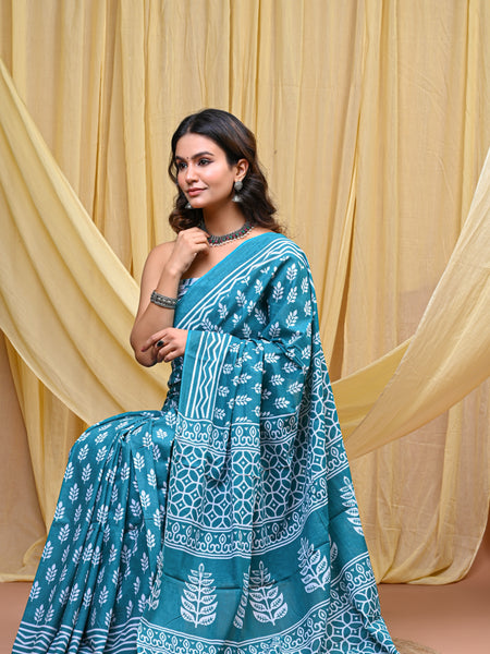 Women's Aqua Blue Patti Stripe Pure Cotton Mulmul Saree - Front View