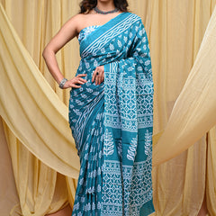 Women's Aqua Blue Patti Stripe Pure Cotton Mulmul Saree - Side / Back View