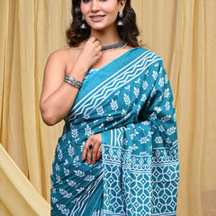 Women's Aqua Blue Patti Stripe Pure Cotton Mulmul Saree - Detail View