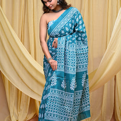 Women's Aqua Blue Patti Stripe Pure Cotton Mulmul Saree - Drape View