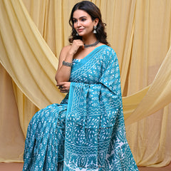 Women's Aqua Blue Trishul Motif Pure Cotton Mulmul Saree - Front View