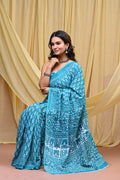 Women's Aqua Blue Trishul Motif Pure Cotton Mulmul Saree