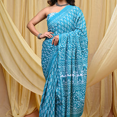 Women's Aqua Blue Trishul Motif Pure Cotton Mulmul Saree - Side / Back View