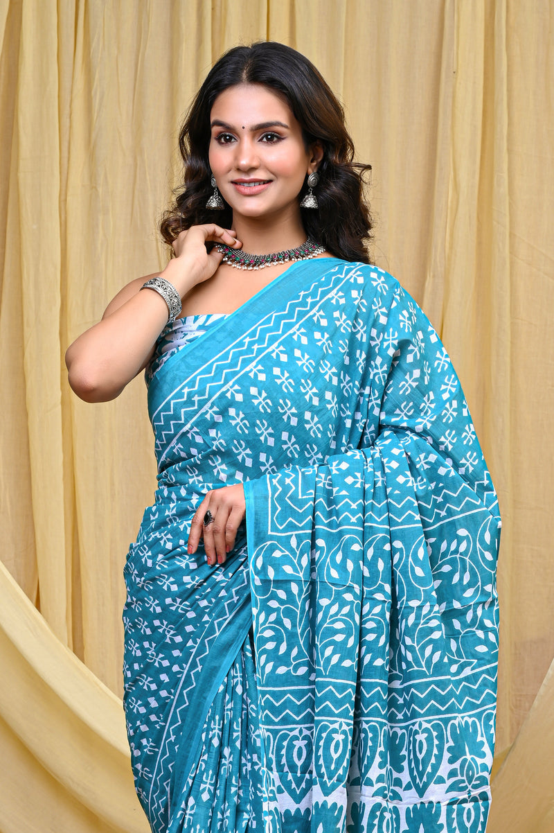 Women's Aqua Blue Trishul Motif Pure Cotton Mulmul Saree - Detail View