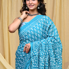 Women's Aqua Blue Trishul Motif Pure Cotton Mulmul Saree - Detail View